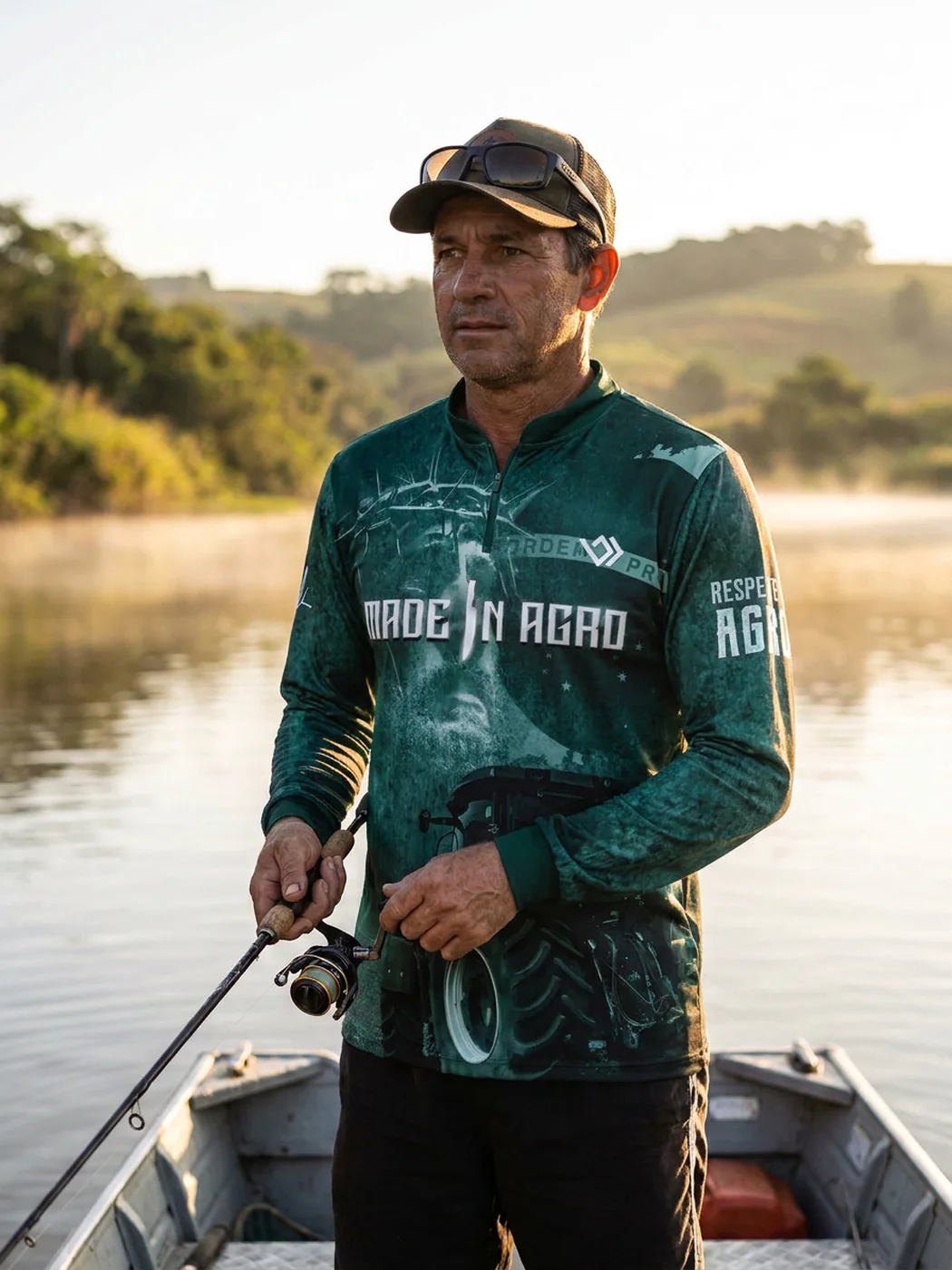 Pescador num barco ao amanhecer vestindo a camiseta UV verde Made in Agro da Bracia