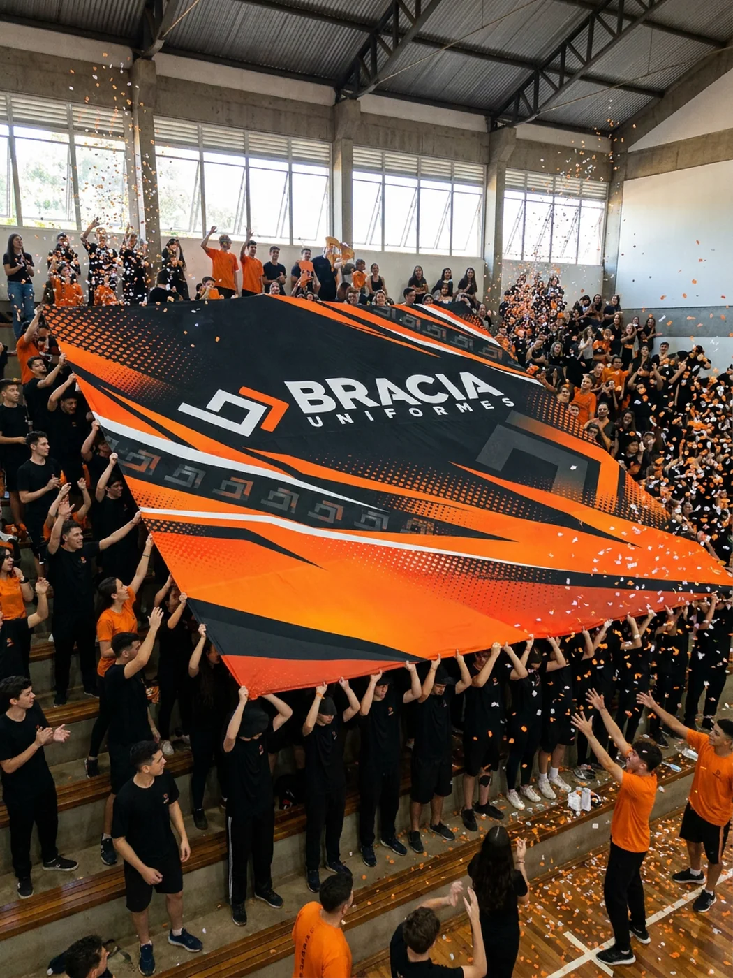 Estudantes estendendo o bandeirão da Bracia sobre a arquibancada de um ginásio