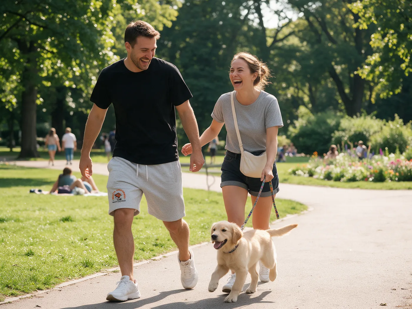 Casal passeando com o cachorro no parque, ele vestindo a bermuda de moletom clara da Bracia