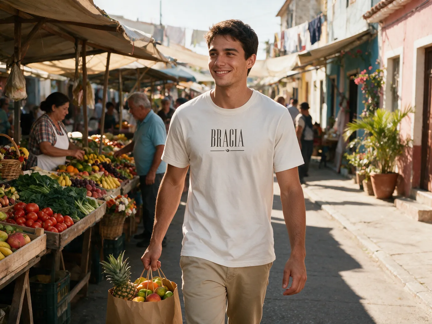Rapaz caminhando numa feira de rua vestindo a camiseta off-white com o logo BRACIA no peito