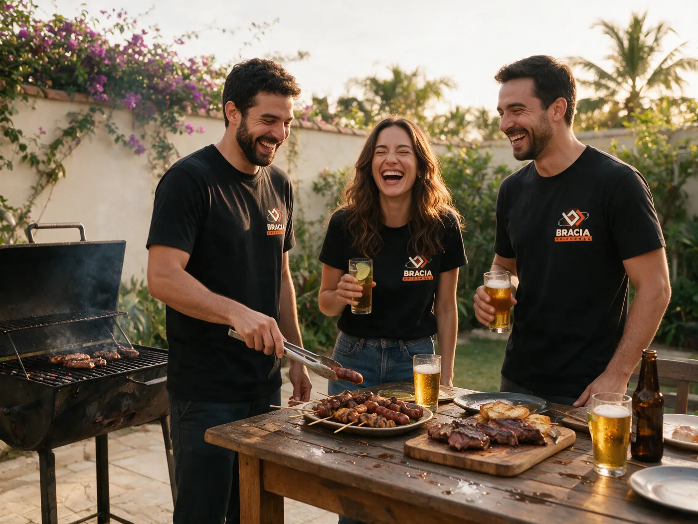 Amigos rindo num churrasco de fim de semana vestindo camisetas pretas iguais com o logo da Bracia no peito