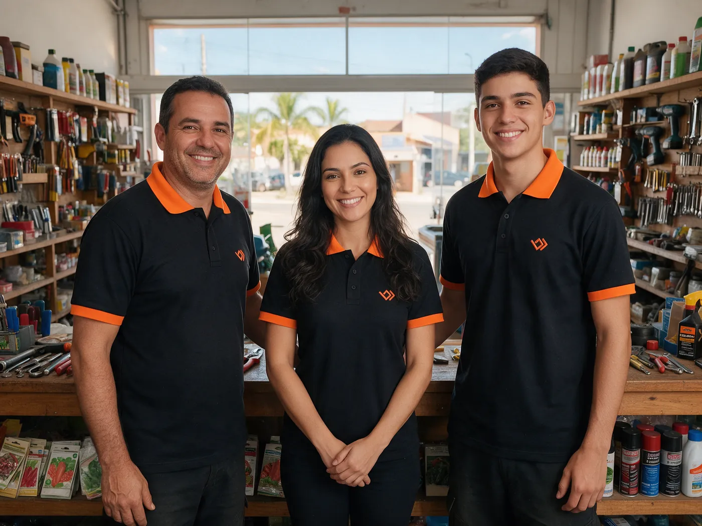 Equipe de três funcionários numa loja de ferragens vestindo polos pretas com gola e mangas laranja
