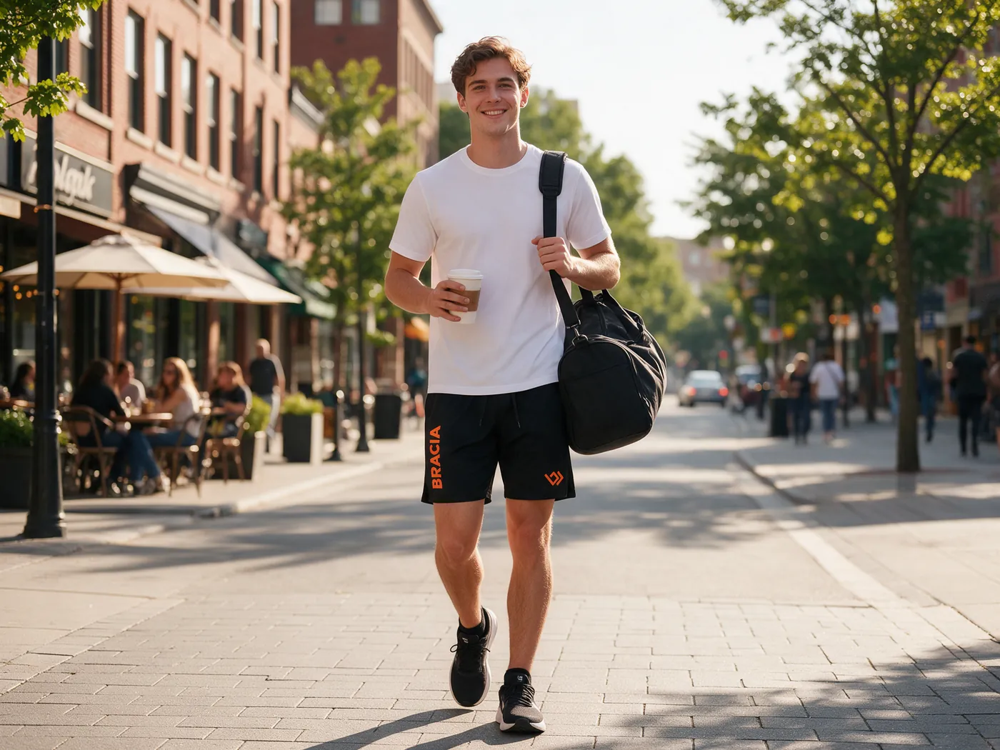 Homem caminhando na rua com café e bolsa de academia vestindo a bermuda preta da Bracia