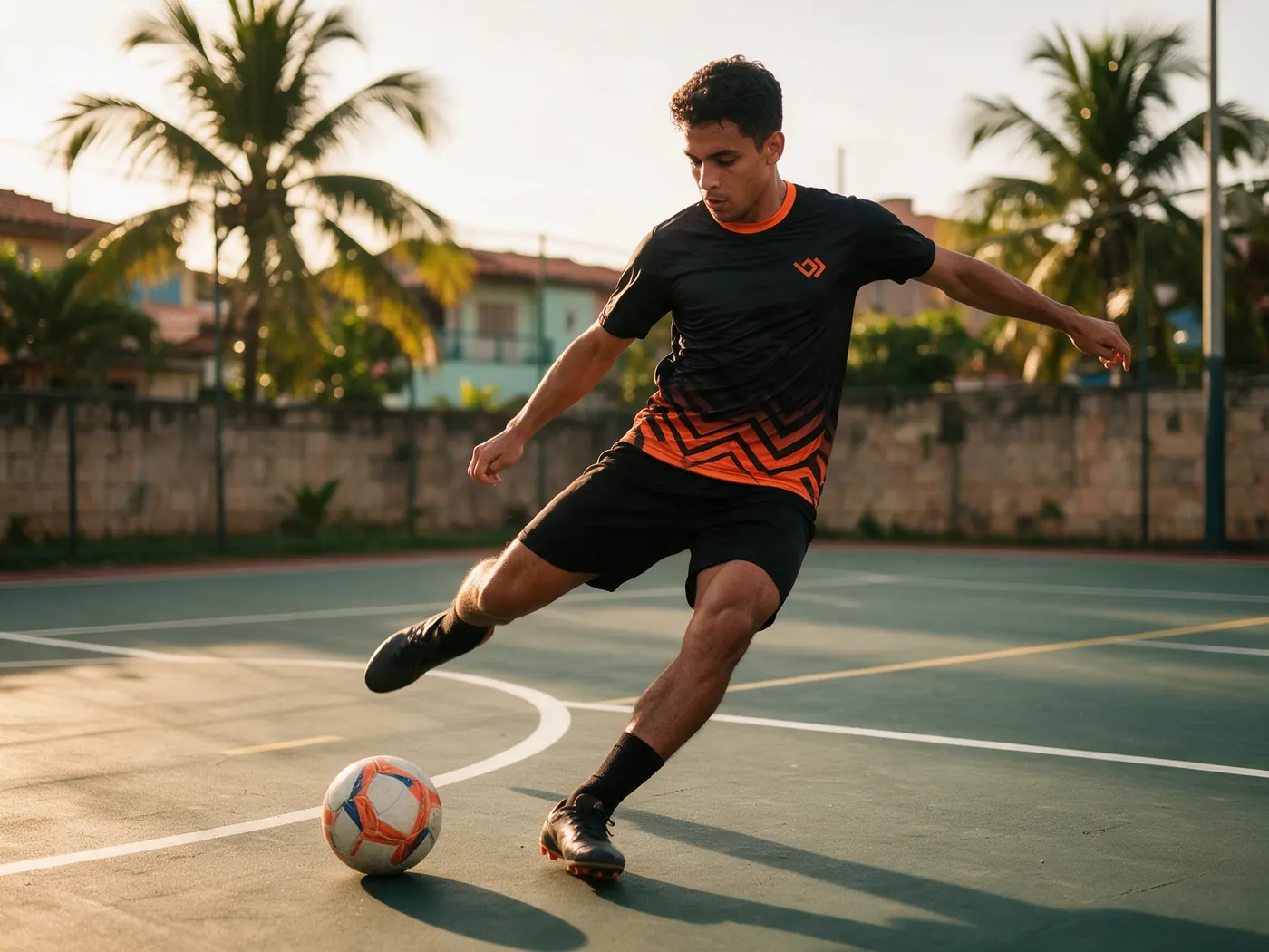 Jogador de futsal chutando a bola vestindo a camiseta esportiva preta e laranja