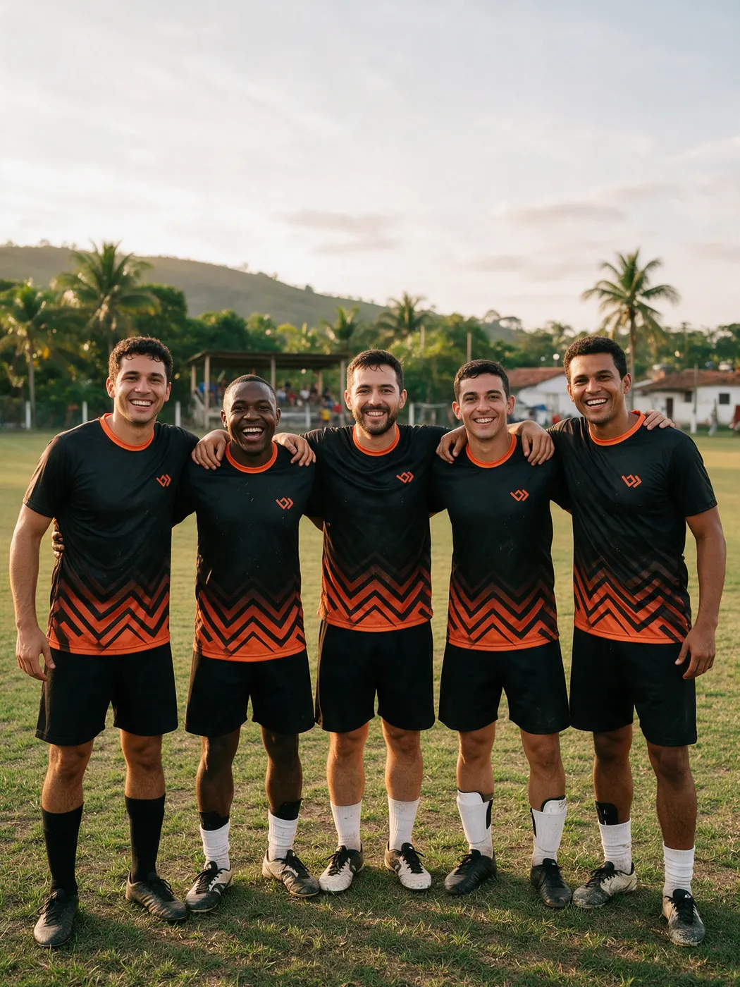 Time de futebol amador posando com as camisetas esportivas iguais