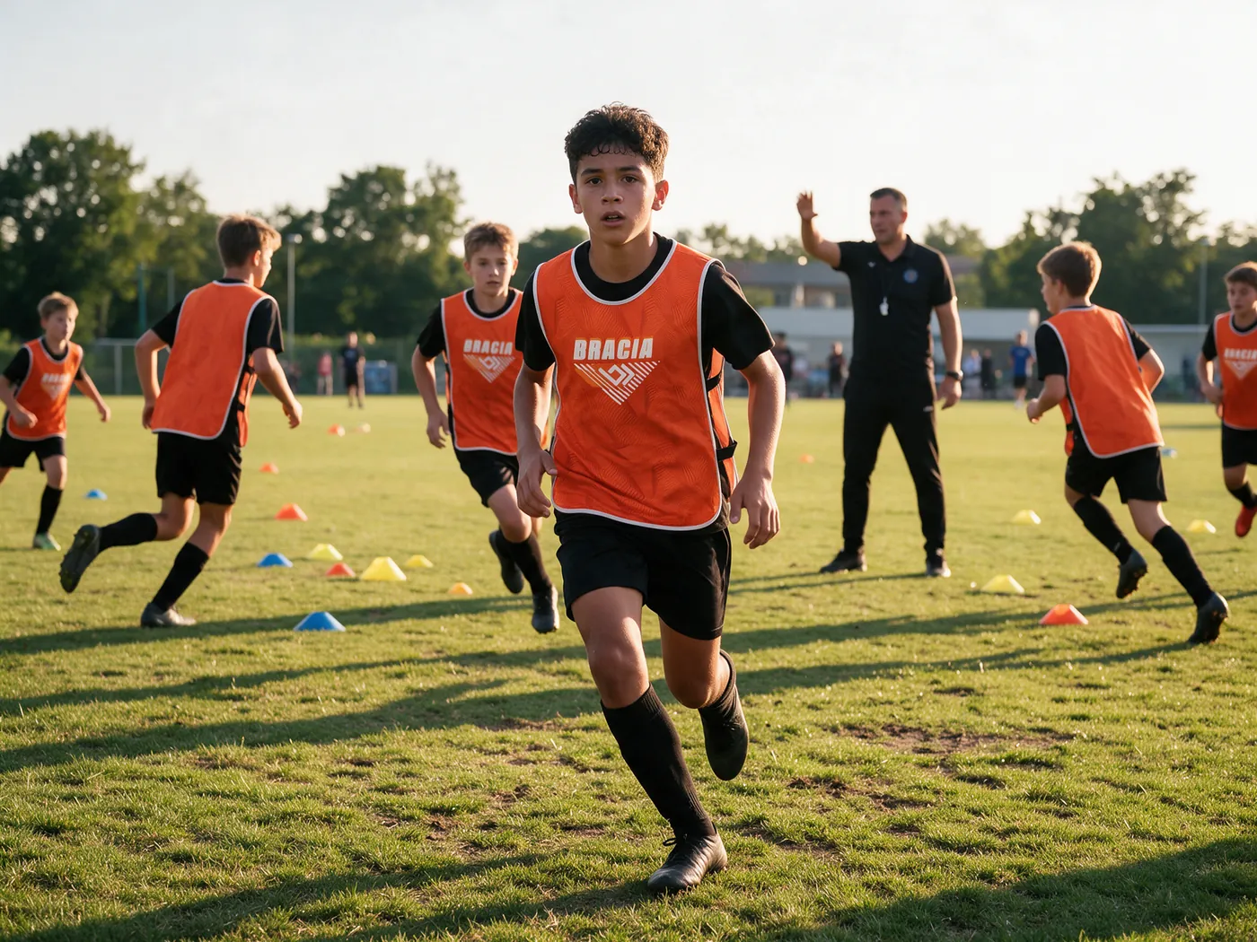 Time de base treinando no campo com coletes laranja da Bracia