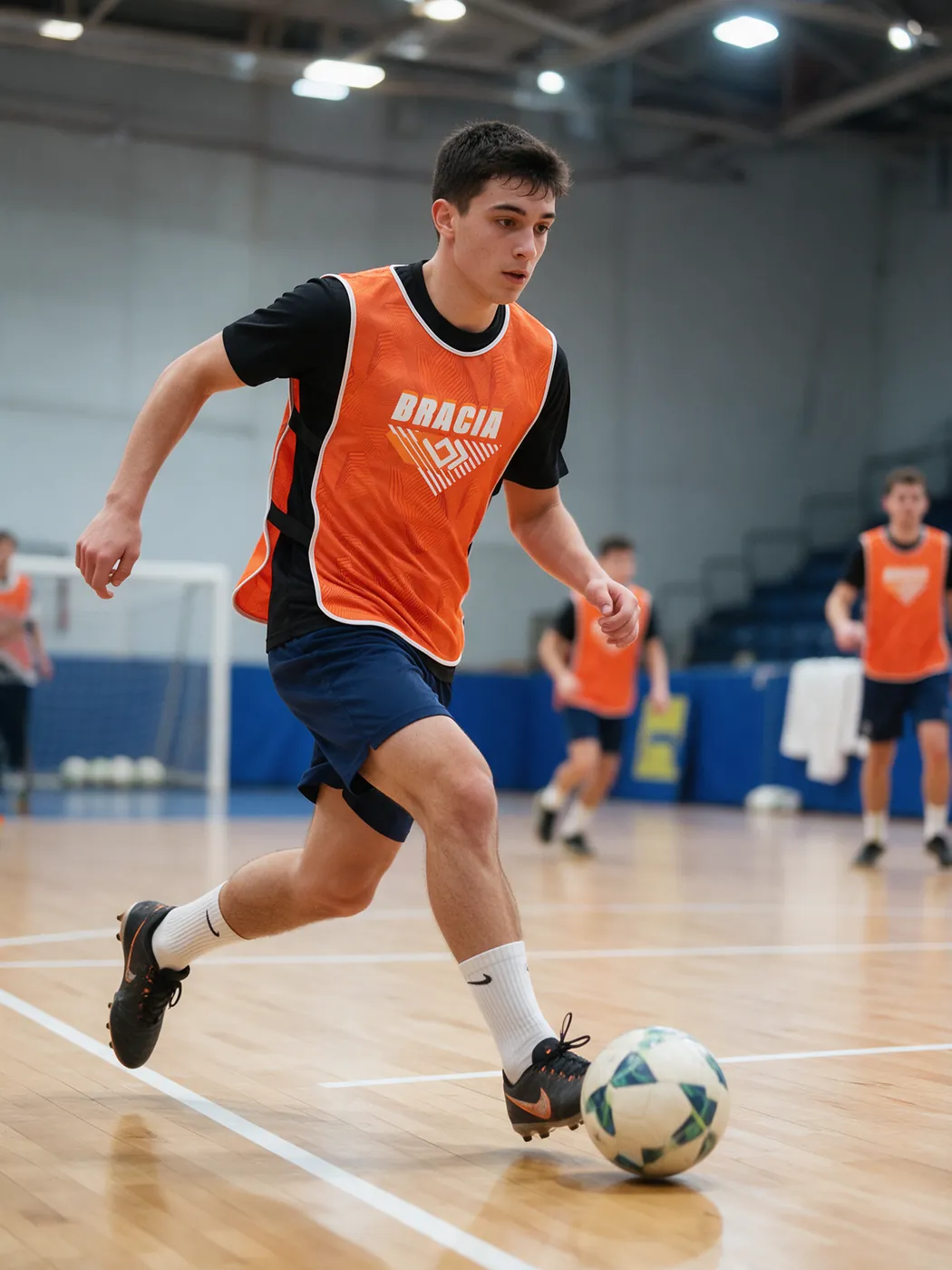 Jogador de futsal conduzindo a bola em quadra coberta vestindo o colete laranja da Bracia