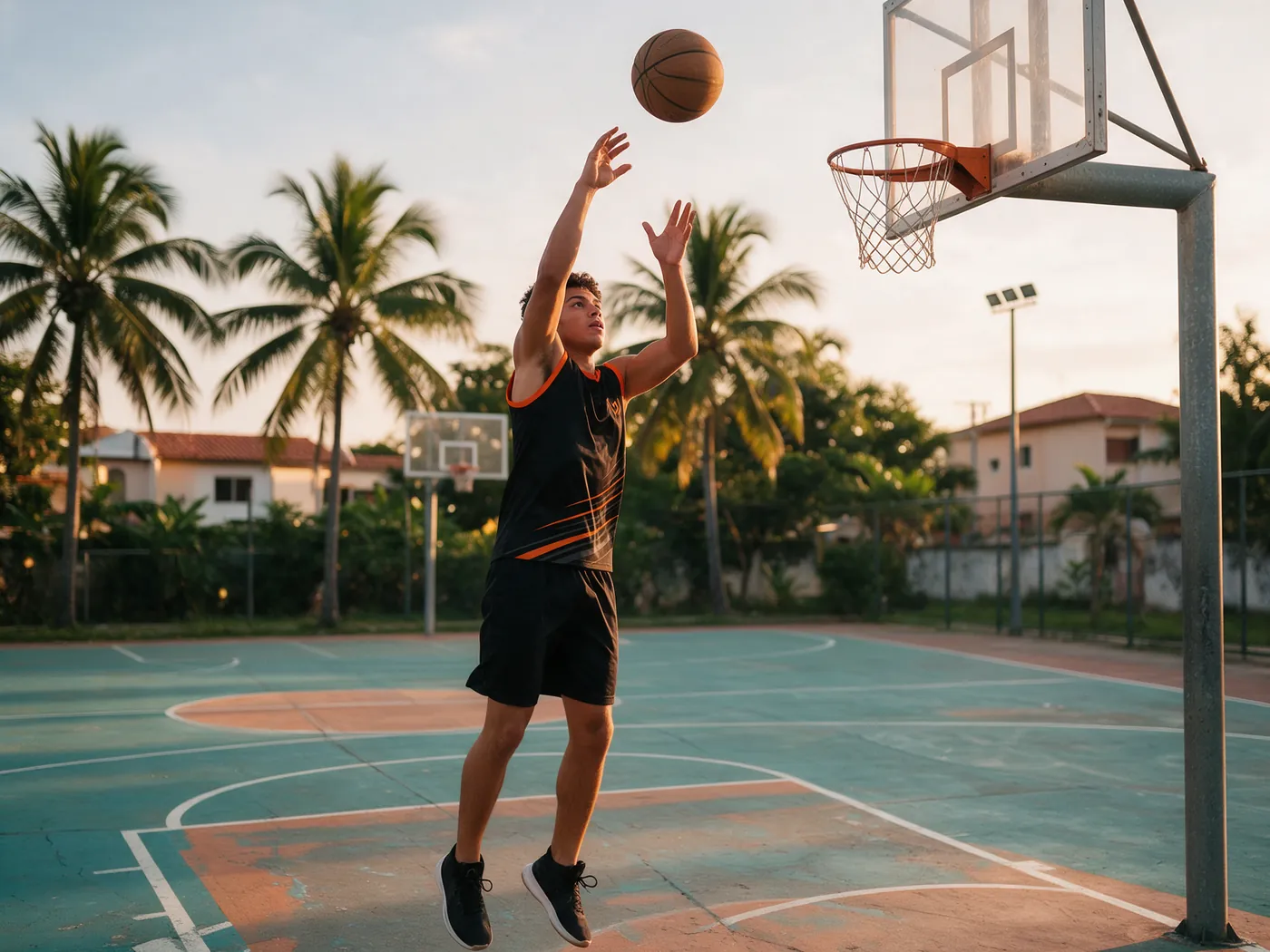 Jogador de basquete arremessando em quadra de rua vestindo a regata preta e laranja