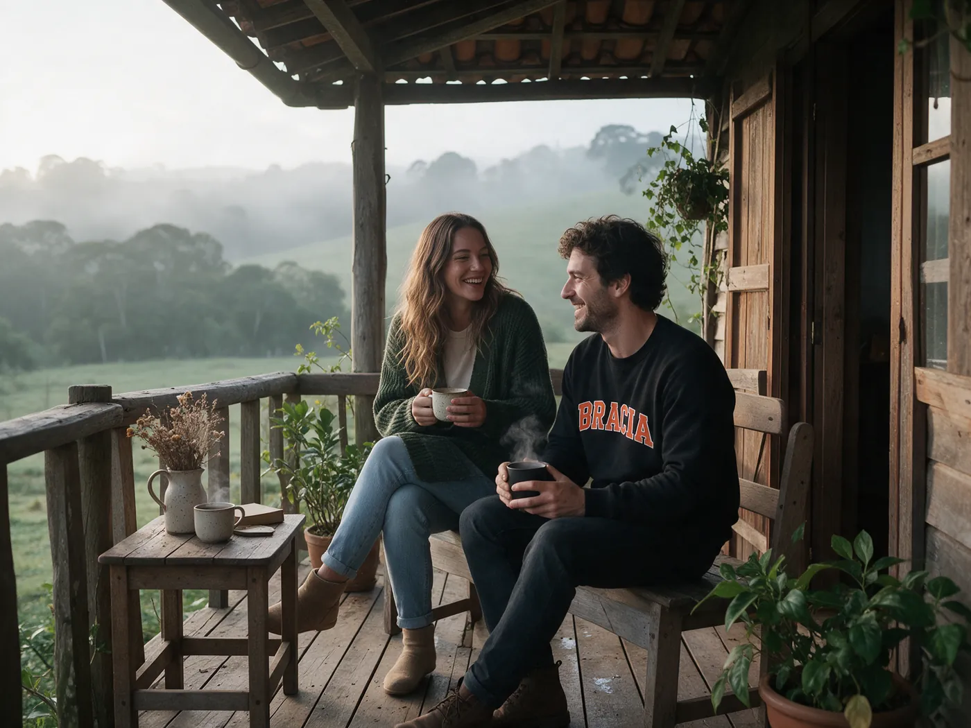 Casal tomando café numa varanda do interior numa manhã fria, ele com o casaco de moletom preto da Bracia
