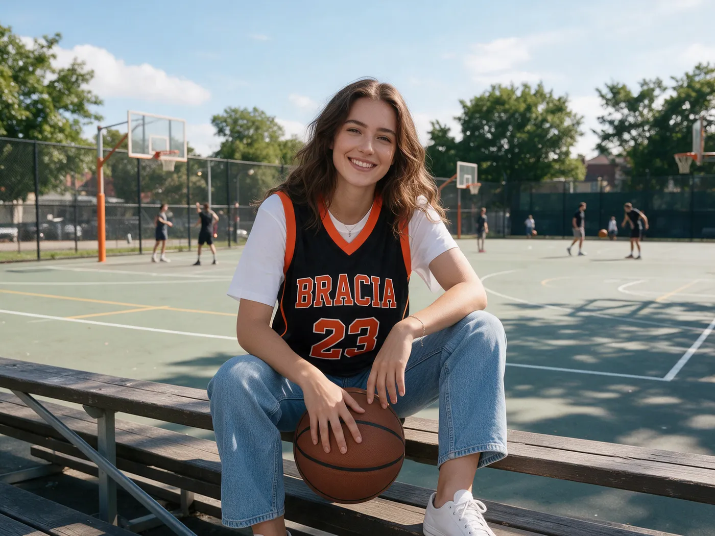 Jovem sentada na arquibancada de uma quadra vestindo a jersey de basquete preta BRACIA 23
