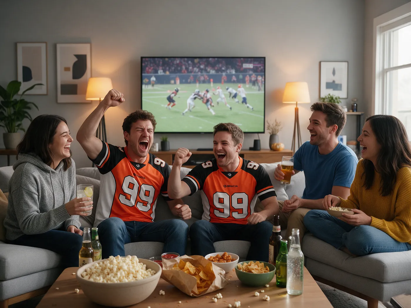Amigos comemorando na sala assistindo ao jogo, dois deles com a jersey número 99 da Bracia